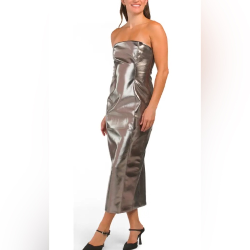 NWT 7 For All Mankind Metallic Faux Leather Bustier Midi Strapless Dress